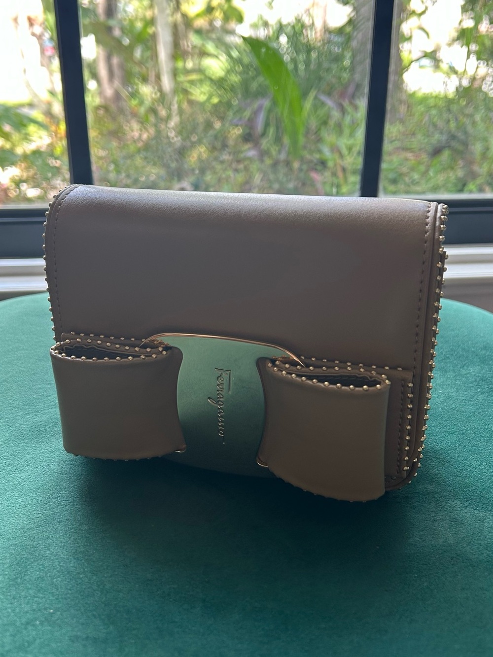 Salvatore Ferragamo Taupe Leather Mini Crossbody with Vara Bow and Stud Trim